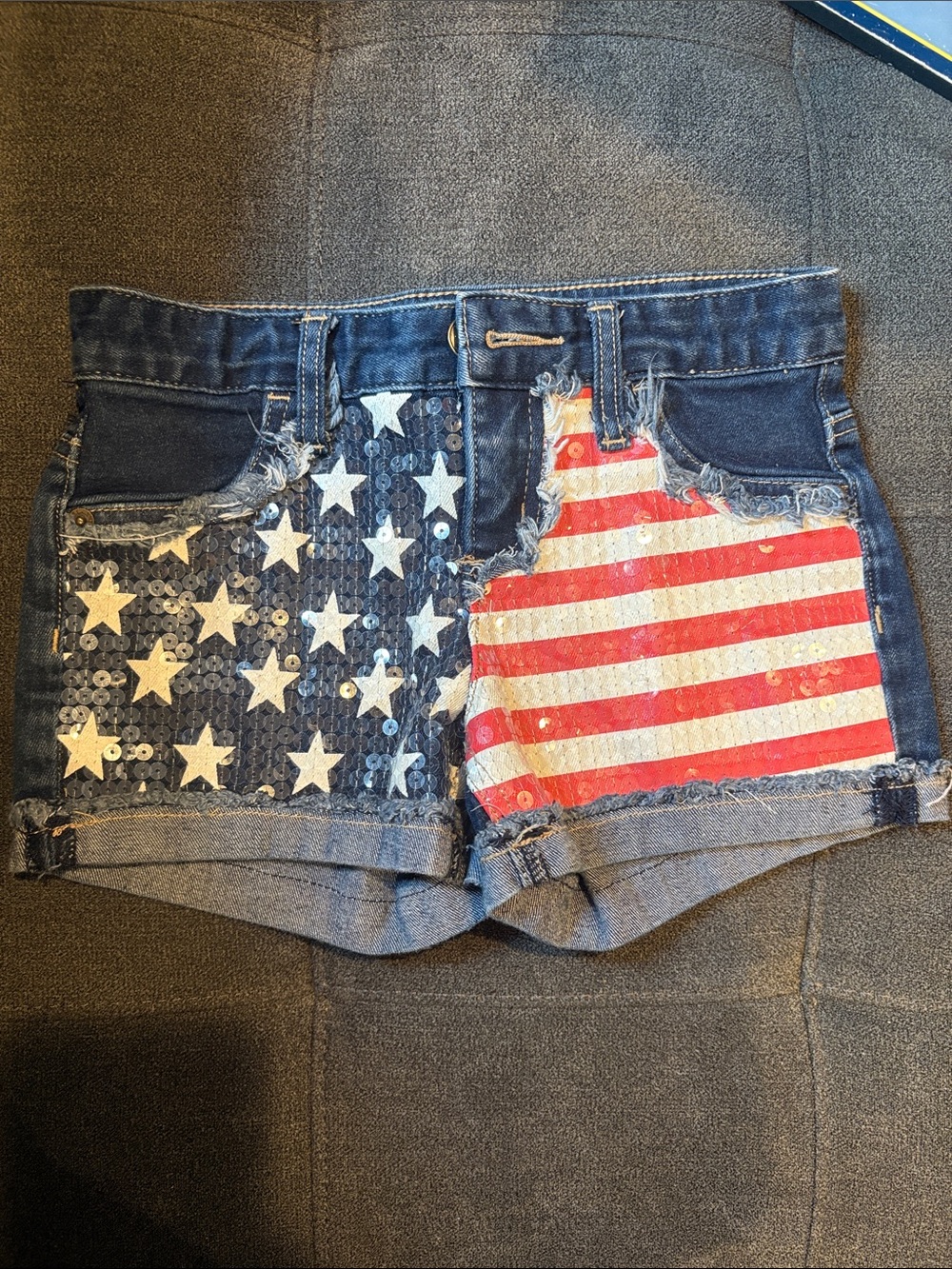 Justice Girls' Denim Shorts with Red & Blue American Flag Patch